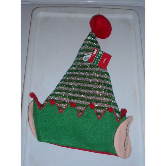 Christmas Elf Hat Silver and Green Tinsel Stipes with Ears 17" by Merry Brite - Picture 1 of 2